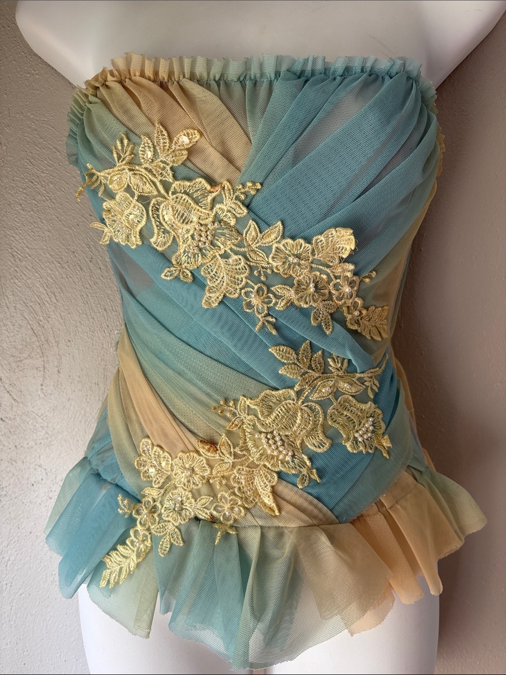Ema Savahl English Garden Corset Hand Painted Beaded Embroidered Blue Gold S M